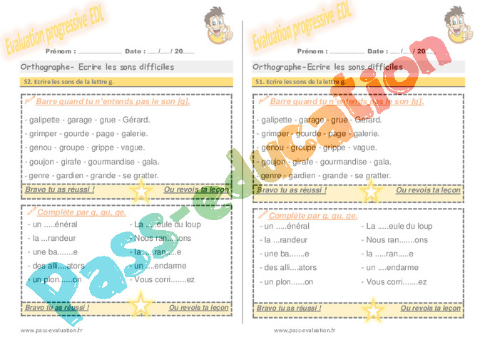 Evaluation progressive par compétences : Lettre g : CE1
