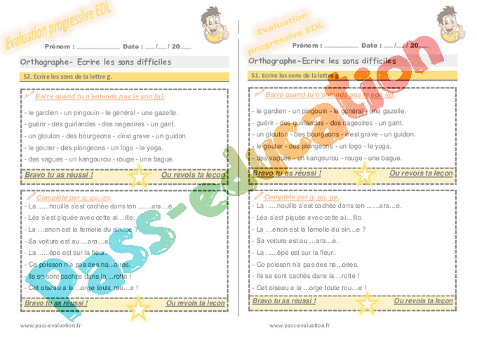 Evaluation progressive par compétences : Lettre g : CE2