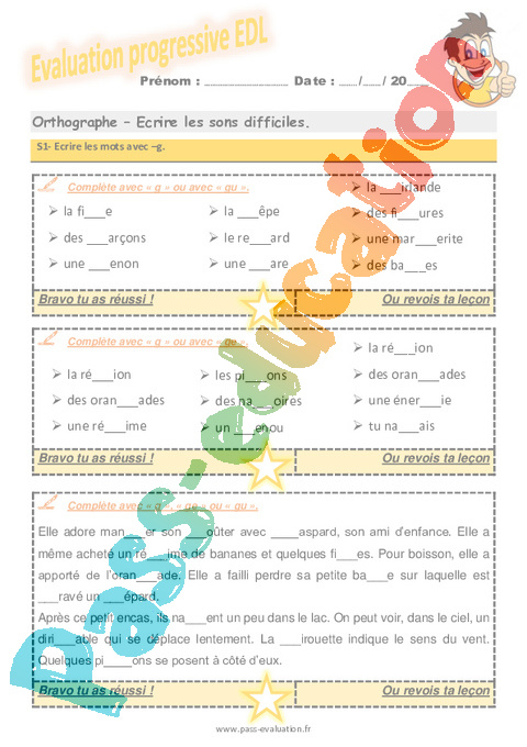 Evaluation progressive par compétences : Lettre g : CM1