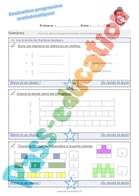 Evaluation progressive par compétences : Lire / écrire / représenter des fractions simples : CM2