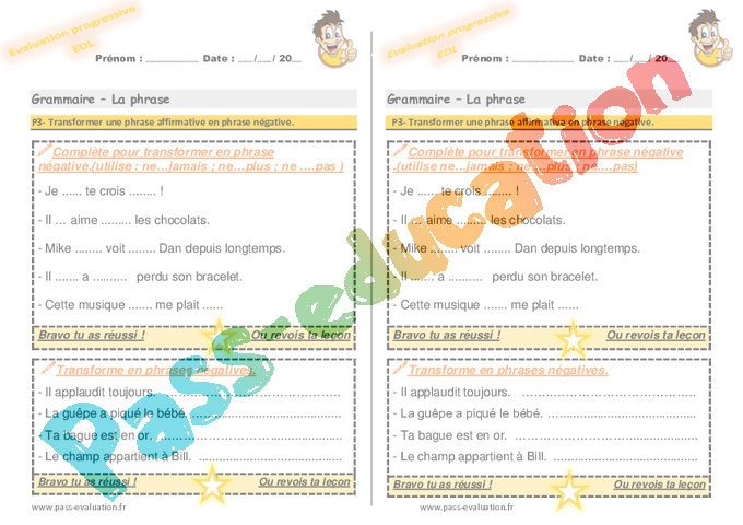 Evaluation progressive par compétences : Phrase / Types de phrase : CE1
