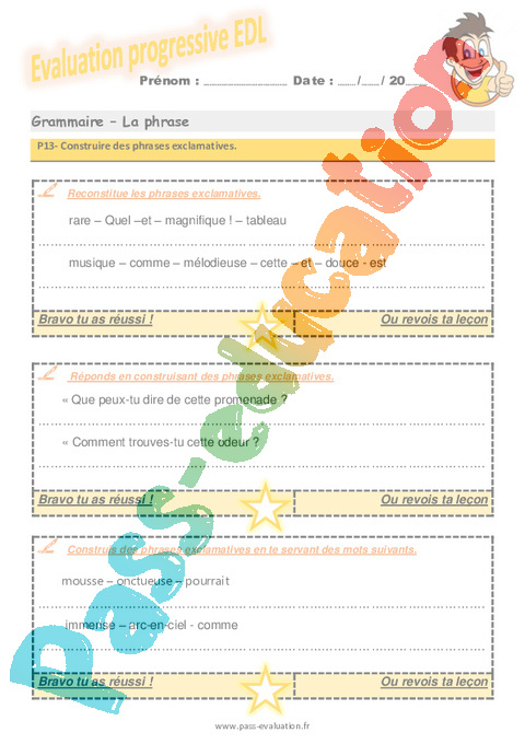 Evaluation progressive par compétences : Phrase / Types de phrase : CM1