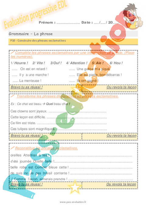 Evaluation progressive par compétences : Phrase / Types de phrase : CM2