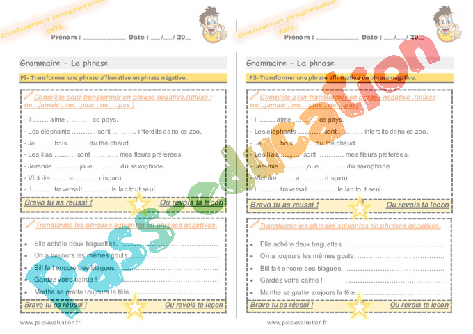 Evaluation progressive par compétences : Types de phrases : CE2
