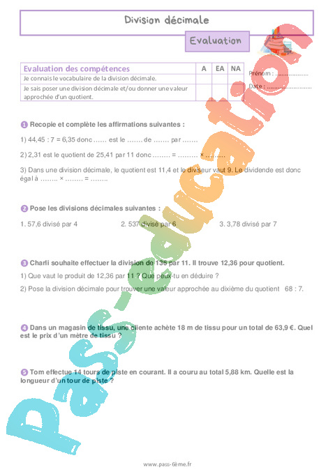 Evaluation 4 Opérations : 6ème