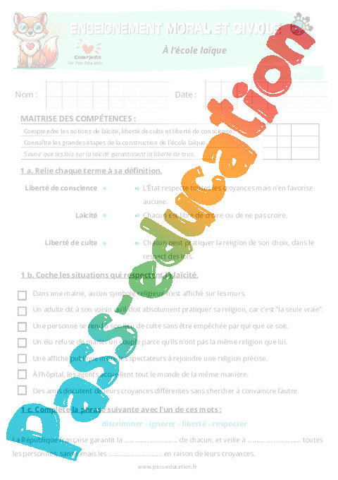 Evaluation A l'école laïque : CM2