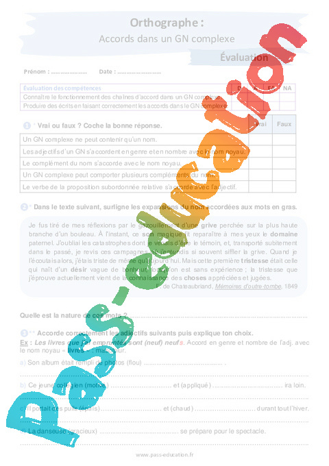Evaluation Accord dans le groupe nominal : 4ème