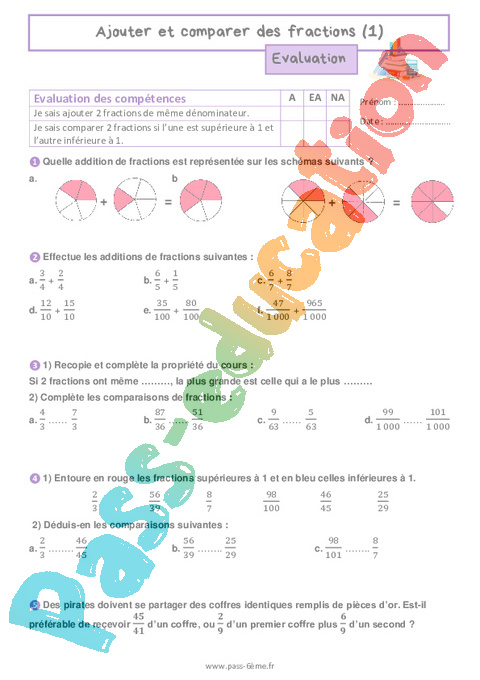 Evaluation Addition et soustraction de fractions : 6ème