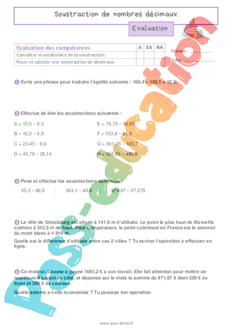 Evaluation Addition / Soustraction : 6ème
