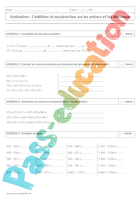 Evaluation Addition / Soustraction : 6ème