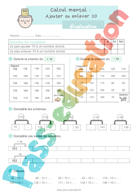 Evaluation Ajouter ou enlever 10 : CE1