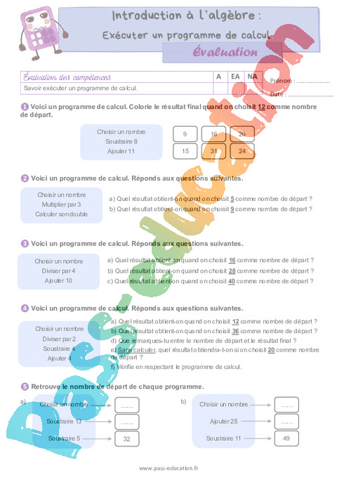Evaluation Algèbre : CM1
