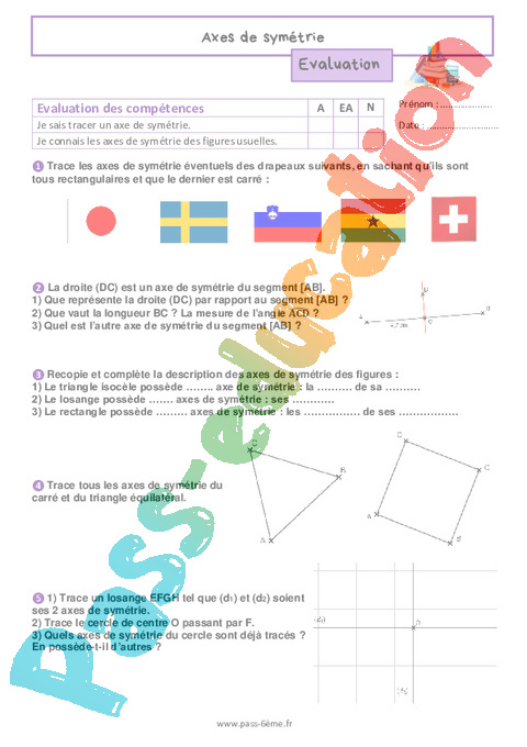Evaluation Axes de symétrie : 6ème