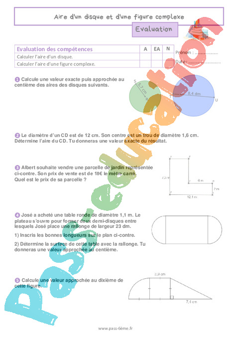 Evaluation Calcul d'aire : 6ème