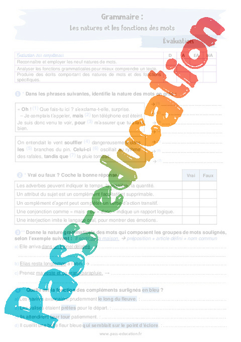 Evaluation Classes grammaticales (nature / fonctions) : 4ème