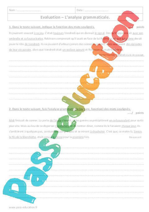 Evaluation Classes grammaticales (nature / fonctions) : 5ème