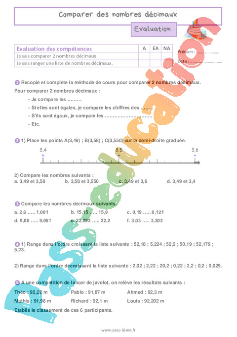 Evaluation Comparer des nombres décimaux : 6ème