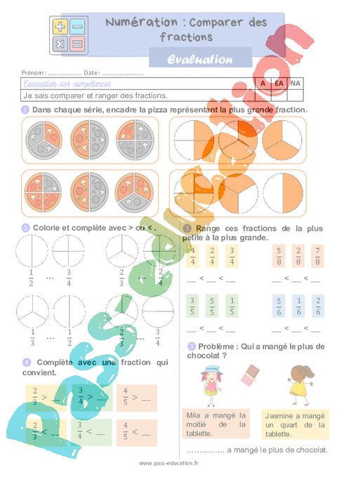 Evaluation Comparer / ranger / encadrer des fractions : CE1