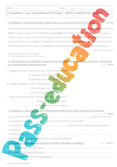 Evaluation Complément du verbe: COD, COI, COS : 5ème