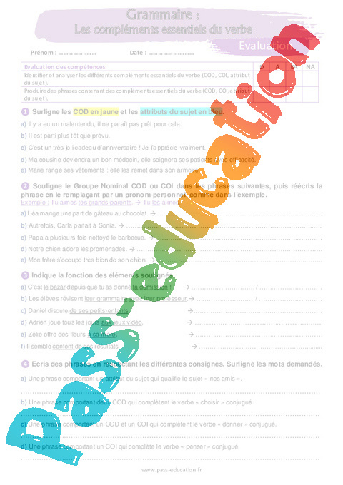 Evaluation Complément du verbe : 5ème