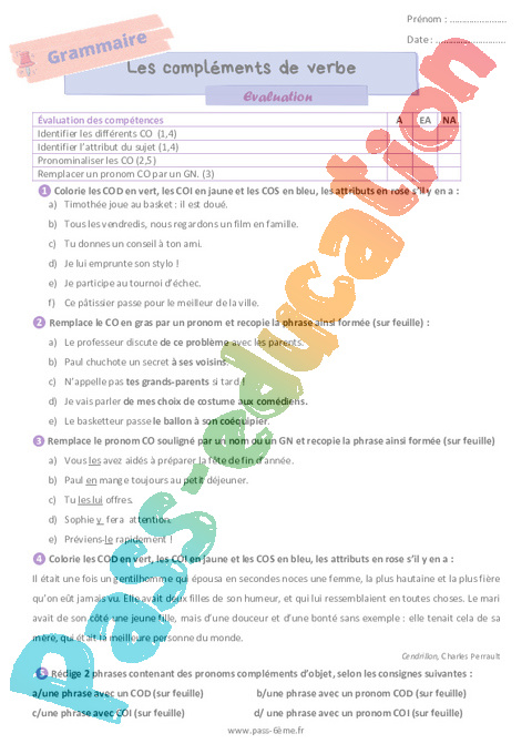 Evaluation Complément du verbe : 6ème