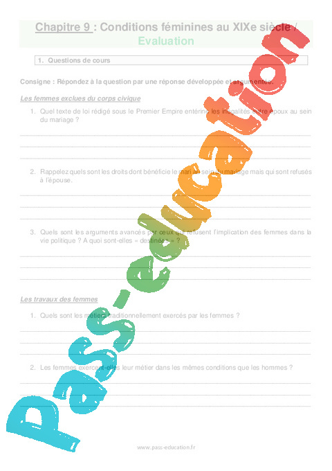 Evaluation Conditions féminines au XIXe siecle : 4ème
