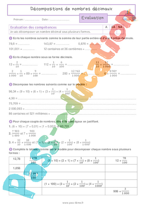 Evaluation Décomposer des nombres décimaux : 6ème