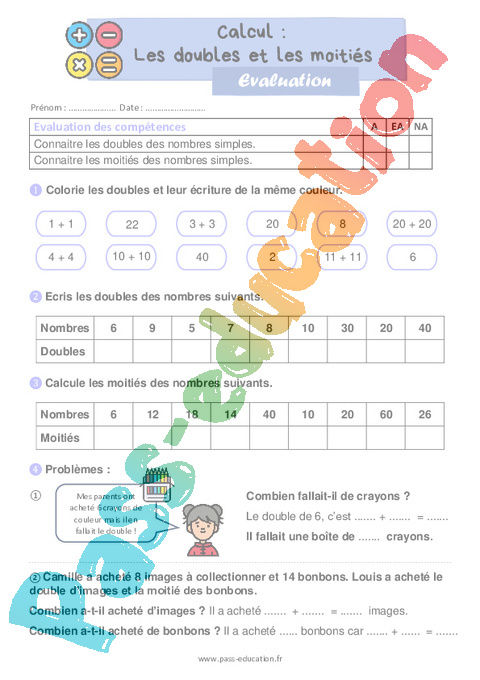 Evaluation Doubles et moitiés : CE1