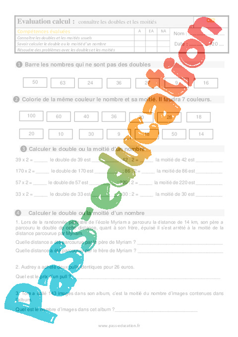 Evaluation Doubles et moitiés : CE2