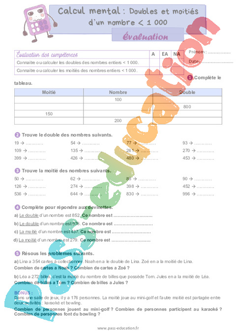 Evaluation Doubles et moitiés : CM1