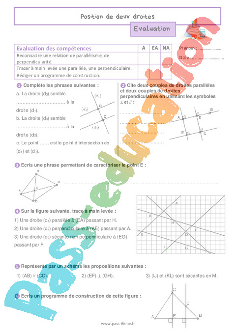 Evaluation Droites et demi-droites : 6ème