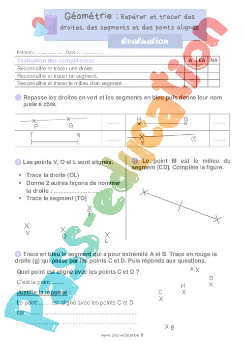 Evaluation Droites et demi-droites - Points, droites et segments - Géométrie - Mathématiques : CE1