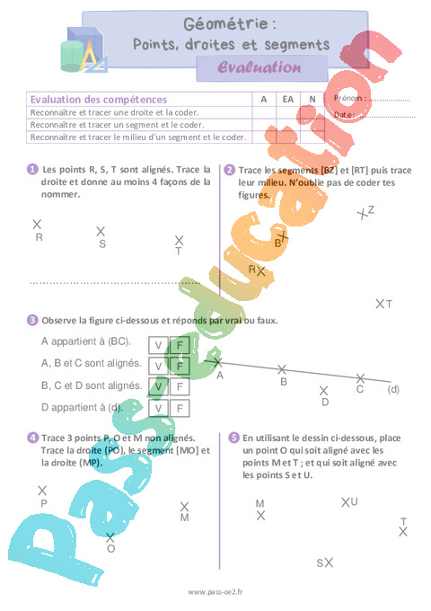 Evaluation Droites et demi-droites - Points, droites et segments - Géométrie - Mathématiques : CE2