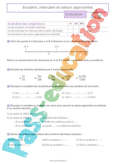 Evaluation Encadrer, intercaler, valeurs approchées : 6ème