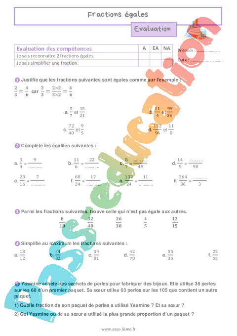 Evaluation Fractions égales Produit en croix : 6ème