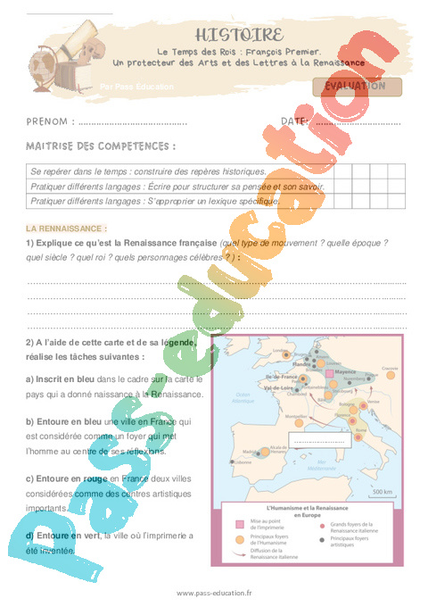 Evaluation François Ier, la Renaissance : CM1