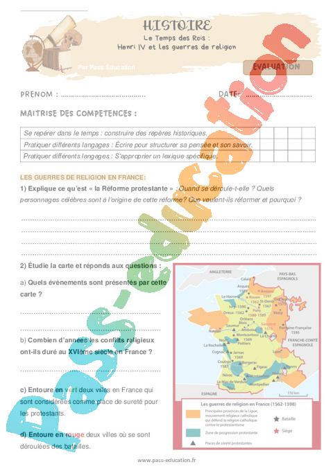 Evaluation Henri IV, l’édit de Nantes : CM1