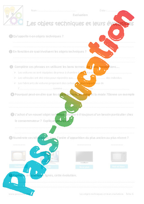 Evaluation L'évolution des objets techniques : 6ème
