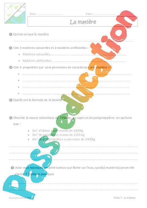 Evaluation La matière : 6ème