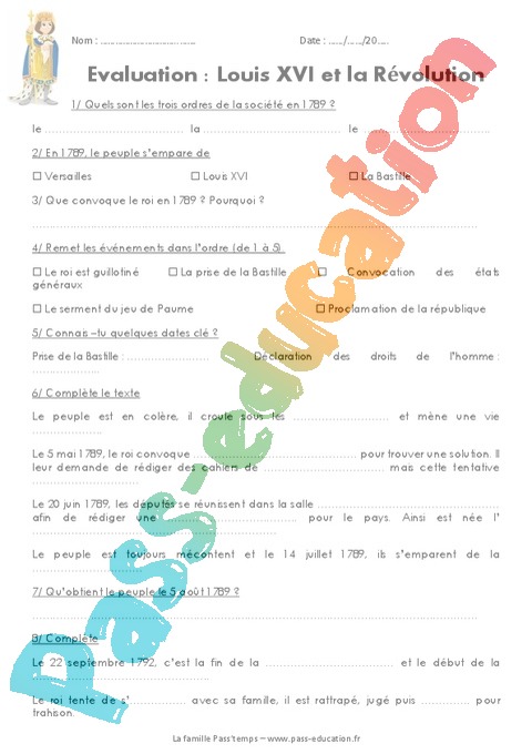 Evaluation La R volution CM1 Bilan Et Controle Corrig Pdf Imprimer