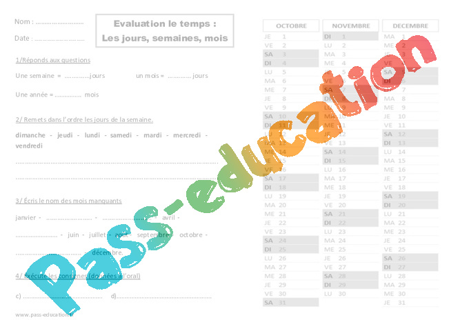 Evaluation Le temps qui passe : CE1