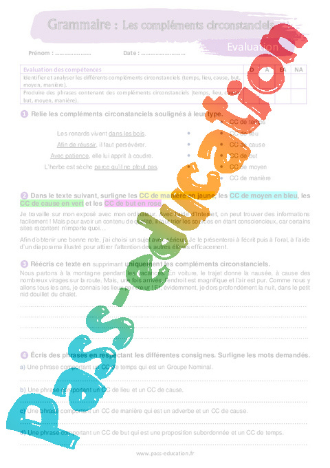 Evaluation Les compléments : 5ème