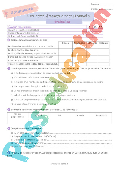 Evaluation Les compléments : 6ème