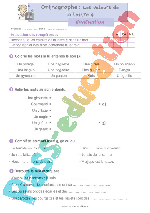 Evaluation Lettre g : CE1