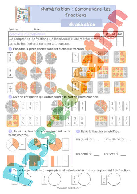 Evaluation Lire / écrire / représenter des fractions simples : CE1