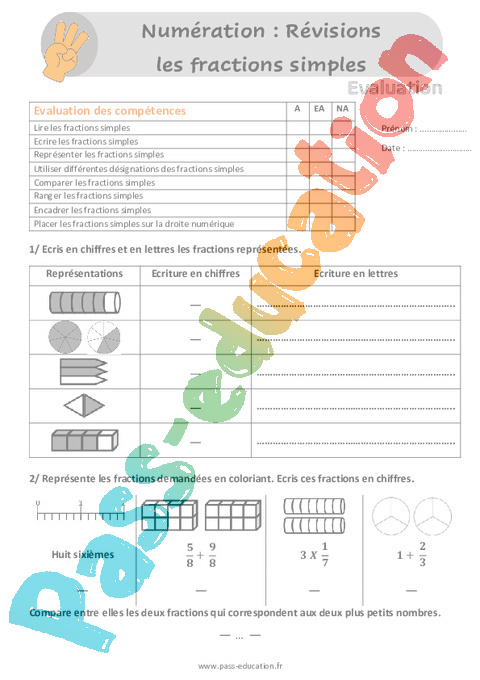 Evaluation Lire / écrire / représenter des fractions simples : CM1