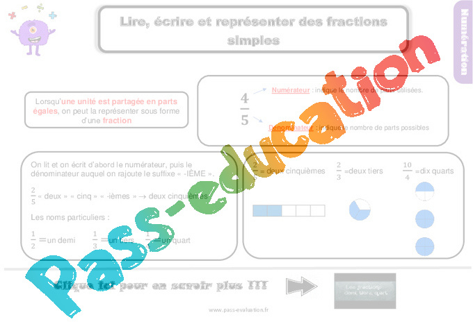 Evaluation Lire / écrire / représenter des fractions simples : CM2