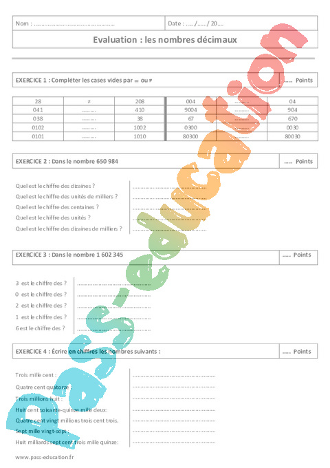 Evaluation Lire et écrire des nombres décimaux : 6ème