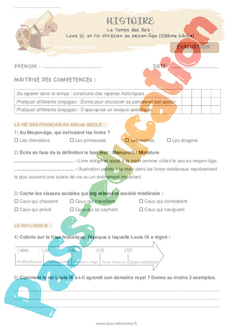 Evaluation Louis IX, le roi chrétien : CM1