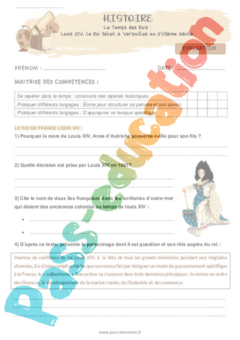 Evaluation Louis XIV, le roi Soleil : CM1